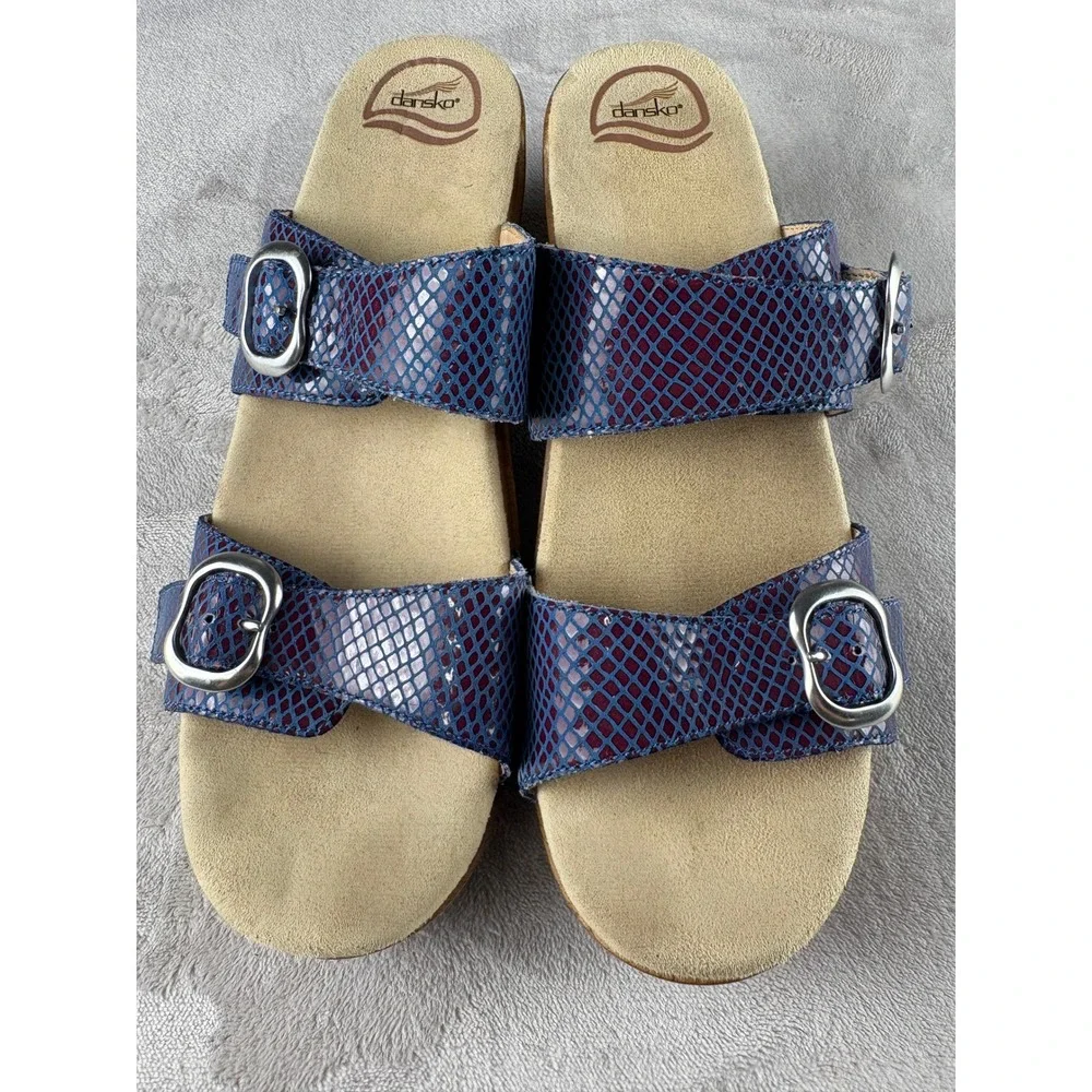 Dansko Sophie Blue Snake Embossed Leather Wedge Slide Sandals Womens 43 41542200